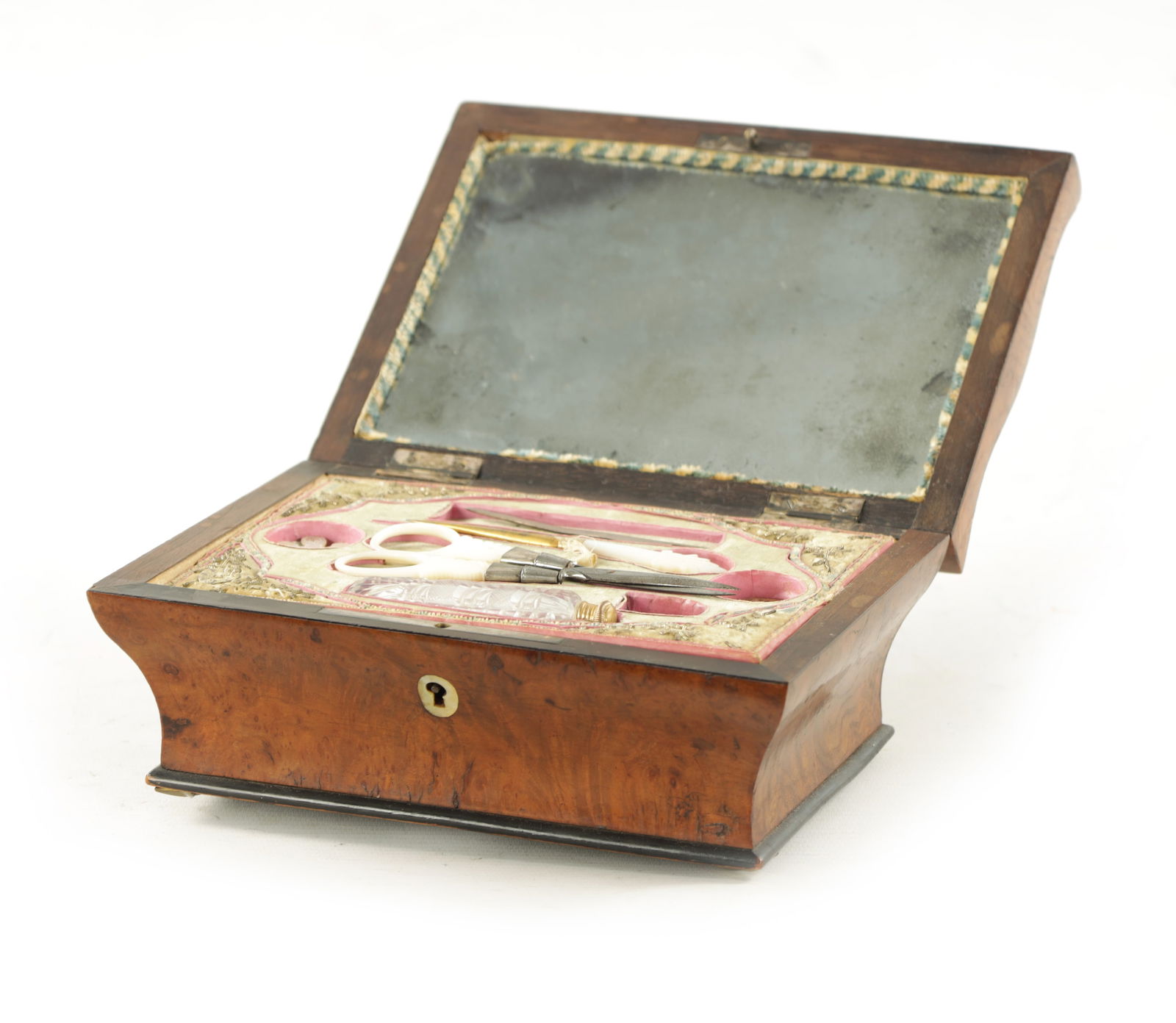 A 19TH CENTURY BURR WALNUT MUSICAL SEWING KIT (1 of 8)