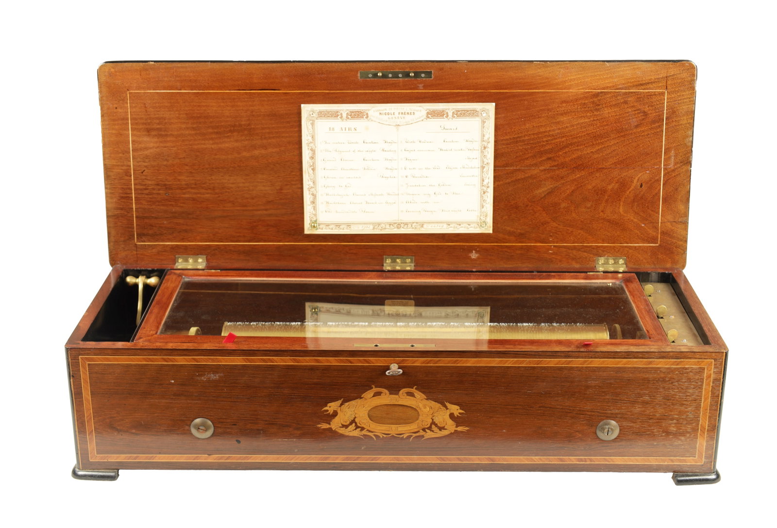 A FINE SWISS NICOLE FRERES 18-AIR CYLINDRICAL MUSIC BOX: A FINE SWISS NICOLE FRERES 18-AIR CYLINDRICAL MUSIC BOX A FINE SWISS NICOLE FRERES 18-AIR CYLINDRICAL MUSIC BOX with rosewood inlaid case and hinged lid opening to reveal a 19 1/2" cylinder and steel 