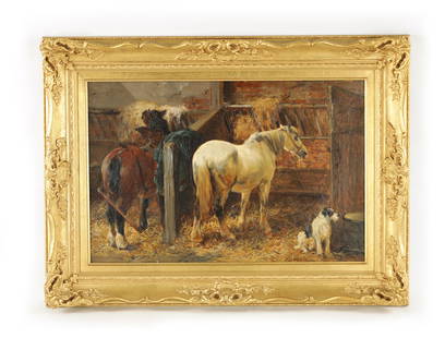 JOHN SARGENT NOBLE RBA (1848-1896) OIL ON CANVAS: JOHN SARGENT NOBLE RBA (1848-1896) OIL ON CANVAS JOHN SARGENT NOBLE RBA (1848-1896) OIL ON CANVAS. A stable scene with horses and dog, signed lower right - in gilt swept frame (29cm high, 44.5cm wide)