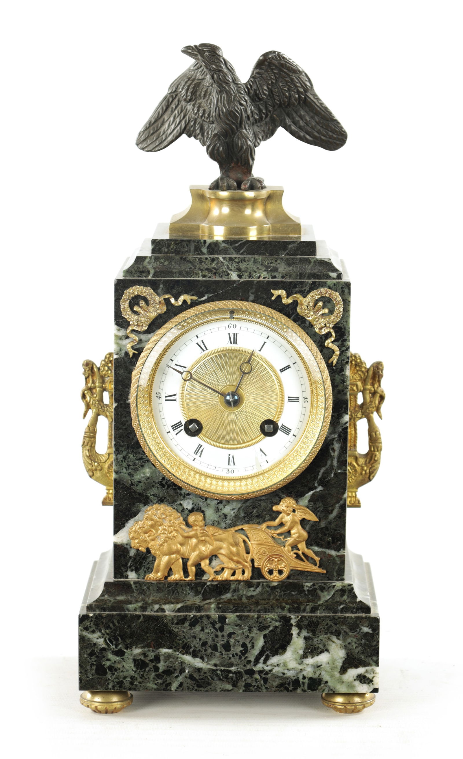 A LATE 19TH CENTURY FRENCH ANTICO VERDE MARBLE, BRONZE AND ORMOLU MANTEL CLOCK (1 of 12)