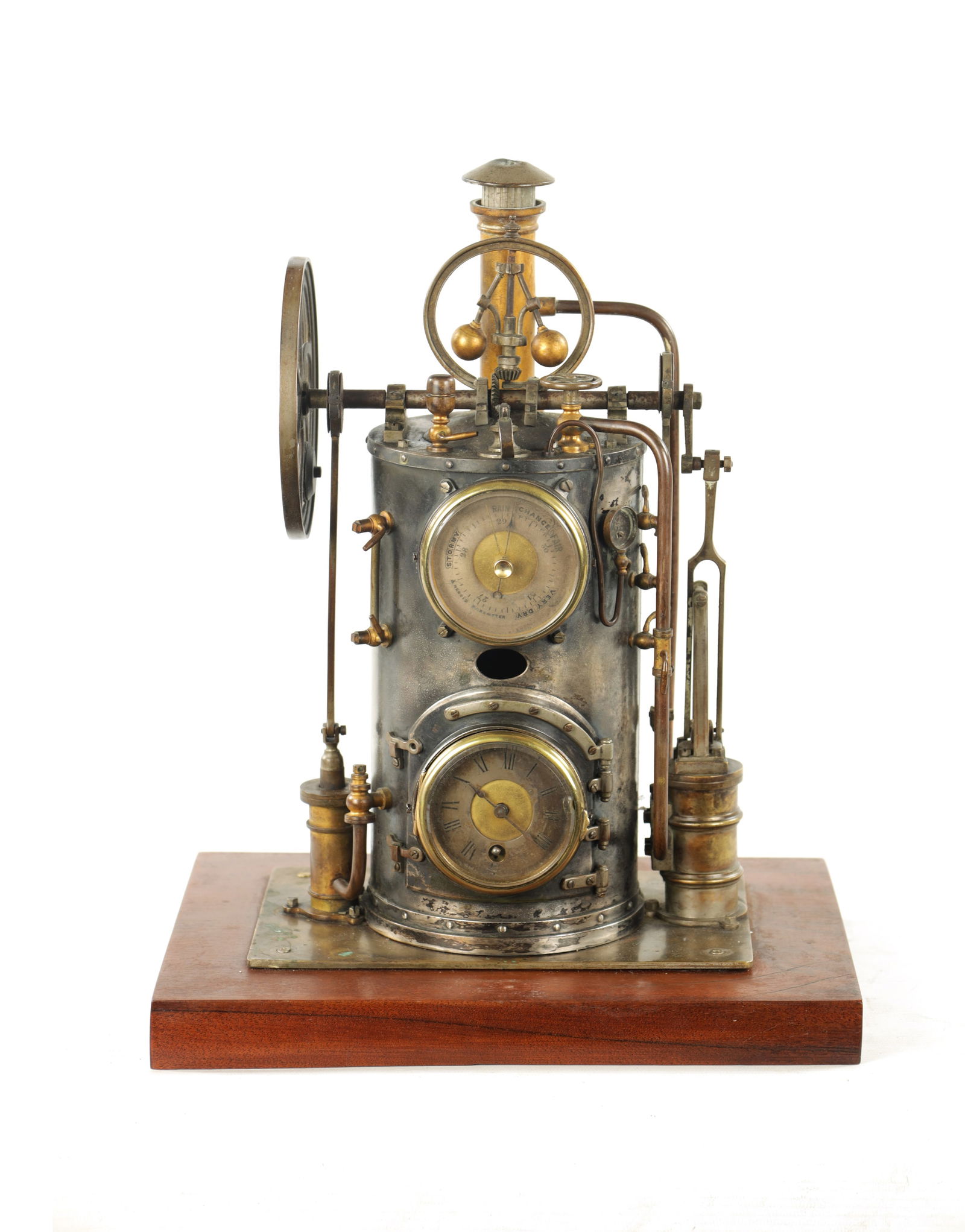 A RARE LATE 19TH CENTURY FRENCH INDUSTRIAL AUTOMATON MANTEL CLOCK: A RARE LATE 19TH CENTURY FRENCH INDUSTRIAL AUTOMATON MANTEL CLOCK A RARE LATE 19TH CENTURY FRENCH INDUSTRIAL AUTOMATON MANTEL CLOCK modelled as a vertical steam boiler with flywheel, piston and govern