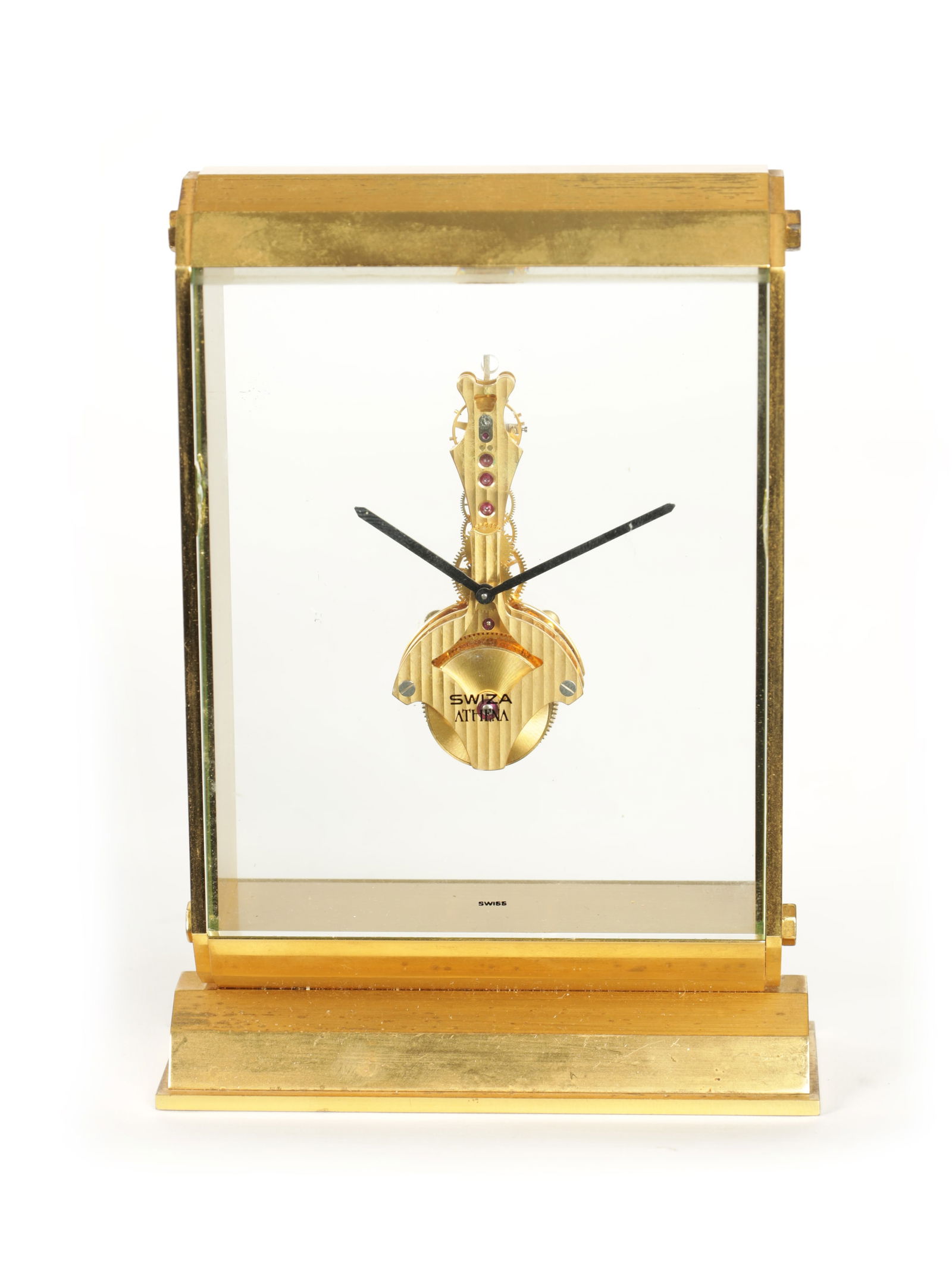 A SWISS JAEGER-LECOULTRE TYPE MANTEL CLOCK: A SWISS JAEGER-LECOULTRE TYPE MANTEL CLOCK A SWISS JAEGER-LECOULTRE TYPE MANTEL CLOCK By SWIZA ATHENA, with eight day inline jewelled movement (17cm high)
