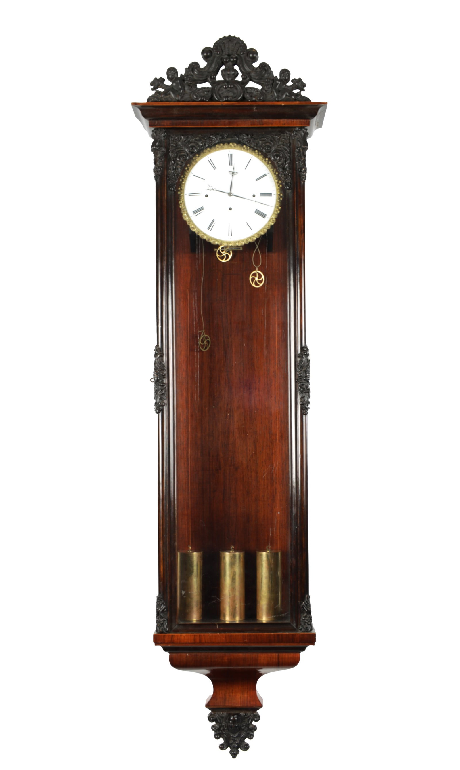 A GOOD 19TH CENTURY BIEDERMEIER VIENNA GRAND SONNERIE REGULATOR WALL CLOCK: A GOOD 19TH CENTURY BIEDERMEIER VIENNA GRAND SONNERIE REGULATOR WALL CLOCK A GOOD 19TH CENTURY BIEDERMEIER VIENNA GRAND SONNERIE REGULATOR WALL CLOCK the enamel dial with Roman chapter ring encircled