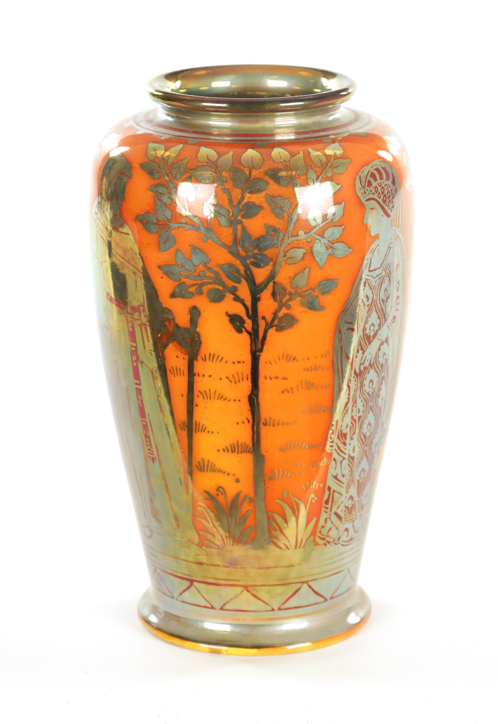 AN EARLY 20TH CENTURY PILKINGTON'S ROYAL LANCASTRIAN TAPERING LUSTRE VASE BY RICHARD JOYCE: AN EARLY 20TH CENTURY PILKINGTON'S ROYAL LANCASTRIAN TAPERING LUSTRE VASE BY RICHARD JOYCE decorated with highlighted iridescent figures on an orange ground. Impressed marks beneath. (21.5cm high)