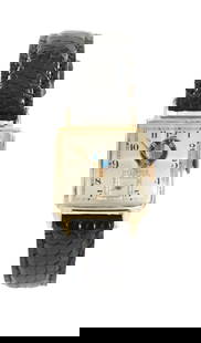 A SWISS 1940'S HELBROS WRISTWATCH WITH "BMW" CAR LOGO: A SWISS 1940'S HELBROS WRISTWATCH WITH "BMW" CAR LOGO the square gold plated case with quadrant faceted lense enclosing a silvered dial with Arabic numerals, subsidiary seconds dial and BMW logo