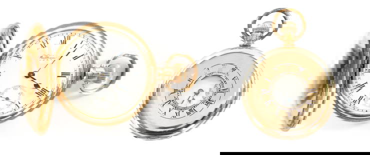 TWO 10CT GOLD PLATED WALTHAM POCKET WATCHES: TWO 10CT GOLD PLATED WALTHAM POCKET WATCHES a full hunter and a Demi-hunter both with enamel dials and Roman chapter rings, fitted subsidiary seconds dials fronting jewelled keyless wound movements.