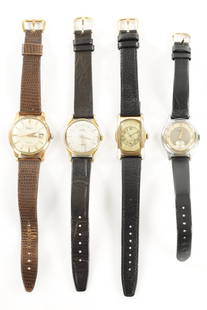 A COLLECTION OF FOUR VINTAGE GENTLEMAN'S WRIST WATCHES: A COLLECTION OF FOUR VINTAGE GENTLEMAN'S WRIST WATCHES all on leather straps, comprising a gold plated tank-cased Laco watch, a steel Junghans watch, a gold plated Waltham watch with magnified