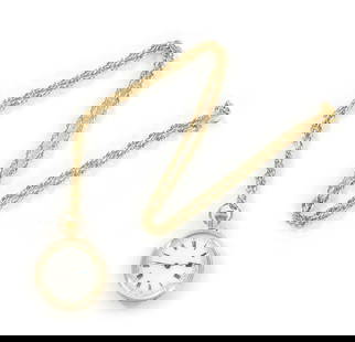 A 9CT GOLD CASED OPEN-FACE FOB WATCH AND CHAIN: A 9CT GOLD CASED OPEN-FACED FOB WATCH WITH 9CT GOLD CHAIN having an engraved floral case, the enamel dial with gilt highlights fronting a keyless wind spring-driven movement with lever escapement.