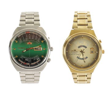 TWO GENTLEMAN'S ORIENT PERPETUAL CALENDAR WRISTWATCHES: TWO GENTLEMAN'S ORIENT PERPETUAL CALENDAR WRISTWATCHES both on original bracelets, the steel watch with green gradient dial, the gilt case with gold gradient dial fronting automatic jewelled