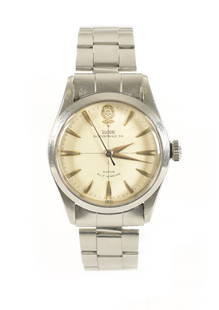 A GENTLEMAN'S STAINLESS STEEL ROLEX TUDOR OYSTER-PRINCE "BIG ROSE" WRISTWATCH: A GENTLEMAN'S STAINLESS STEEL ROLEX TUDOR OYSTER-PRINCE "BIG ROSE" WRISTWATCH on steel bracelet, the cream cross hairs dial with gilt arrowhead hour markers and sweeping seconds hand fronting a