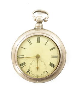 A 19TH CENTURY SILVER PAIR CASED POCKET WATCH: A 19TH CENTURY SILVER PAIR CASED POCKET WATCH with white enamel dial and Roman chapter ring fronting a key-wind movement numbered 18601, case by Jeremiah Kirk, Birmingham, 1860 (5.5cm diameter)
