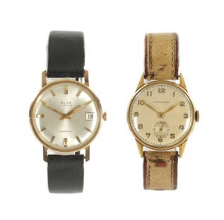 A GENTLEMAN'S VINTAGE 9CT GOLD AVIA INCABLOC WRISTWATCH: A GENTLEMAN'S VINTAGE 9CT GOLD AVIA INCABLOC WRISTWATCH on leather strap, the silvered dial with gold baton markers and sweeping seconds hand fronting a 17 jewel manual wind movement; together with A