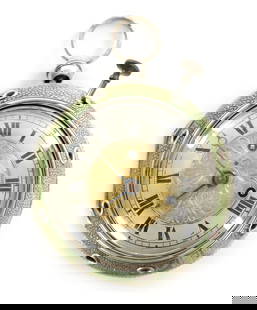 AN 18TH CENTURY AND LATER PAIR CASED QUARTER REPEATING COACH WATCH: AN 18TH CENTURY AND LATER PAIR CASED QUARTER REPEATING COACH WATCH the shagreen covered outer case with silk lined sound frets enclosing a silver foliate engraved inner case, the dial with silvered