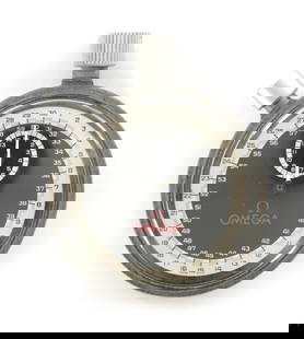 A 1960'S OMEGA STOPWATCH IN ORIGINAL BOX: A 1960'S OMEGA STOPWATCH IN ORIGINAL BOX the black metal case with steel screw off back enclosing a black dial with silvered chapter ring fronting a keyless wound movement - in original Omega box.