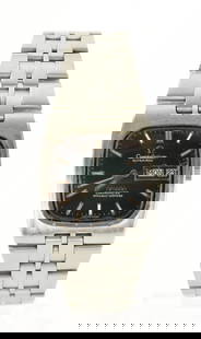 A 1970'S GENTLEMAN'S STEEL OMEGA CHRONOMETER CONSTELLATION AUTOMATIC WRISTWATCH: A 1970'S GENTLEMAN'S STEEL OMEGA CHRONOMETER CONSTELLATION AUTOMATIC WRISTWATCH with black square dial fitted steel baton hour markers, day/date aperture and Omega motif - on original steel bracelet.