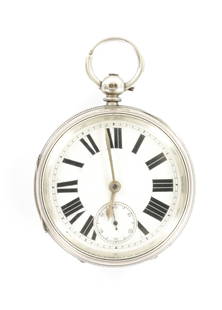 A 19TH CENTURY SILVER OPEN FACE KEY-WIND GENTLEMAN'S POCKET WATCH: A 19TH CENTURY SILVER OPEN FACE KEY-WIND GENTLEMAN'S POCKET WATCH with white enamel dial, Roman chapter ring and subsidiary seconds dial - 158g total weight. (55mm diameter)
