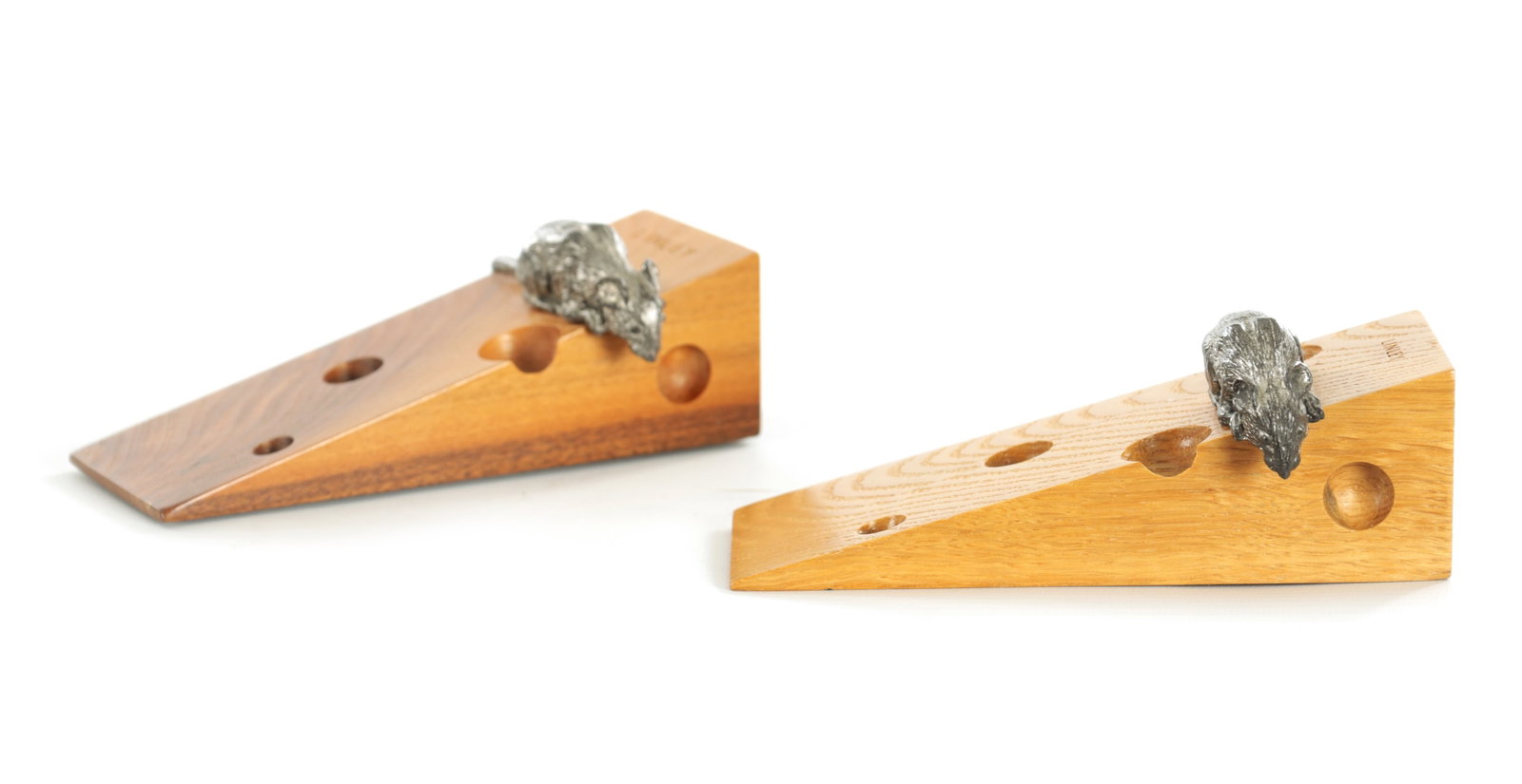 A PAIR OF LINLEY WALNUT AND ASH DOOR STOPS: A PAIR OF LINLEY WALNUT AND ASH DOOR STOPS of wedge shape formed as pieces of cheese with applied silvered metal mice, (15.5cm and 16cm across)