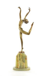 JOSEF LORENZL (1852 - 1950) AN ART DECO SILVERED-BRONZE SCULPTURE: JOSEF LORENZL (1852 - 1950) AN ART DECO SILVERED-BRONZE SCULPTURE formed as a dancer mounted on an onyx base - signed on base. (33.5cm high)