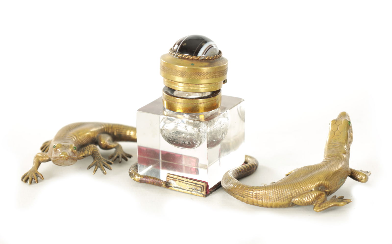 A 19TH CENTURY AUSTRO-HUNGARIAN BRONZE AND GLASS LIZARD INKWELL (1 of 5)