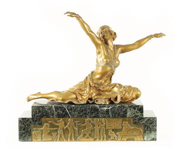 CLAIRE JEANNE ROBERTE COLINET, (1880 - 1950). A FINE ART DECO GILT BRONZE SCULPTURE OF A DANCER