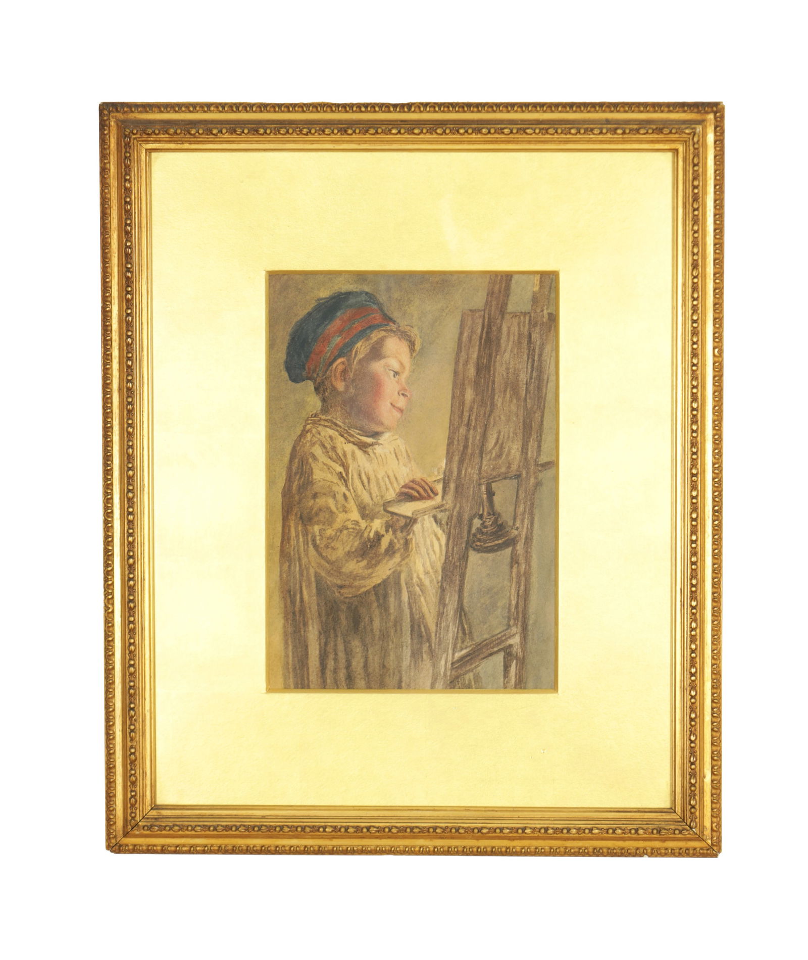 WILLIAM HENRY HUNT (1790 - 1864) WATERCOLOUR: WILLIAM HENRY HUNT (1790 - 1864) WATERCOLOUR depicting a young boy inspecting a painting holding candlestick, signed on the easel - mounted in a glazed gilt frame. (27cm high 18.5cm wide)