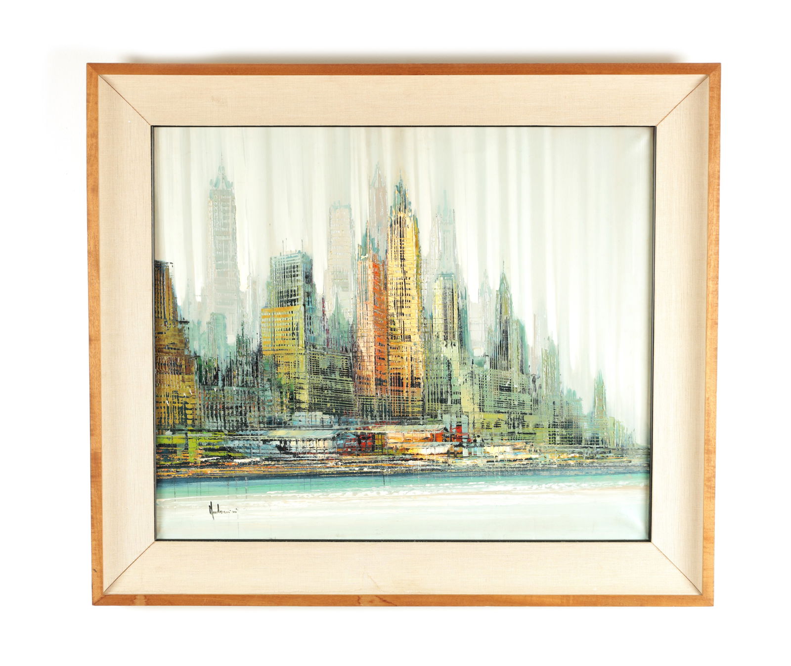 ANTONINI. A CONTEMPORARY OIL ON CANVAS: ANTONINI. A CONTEMPORARY OIL ON CANVAS cityscape with skyscrapers and waterfront buildings - signed, in canvas lined frame (51cm high 61cm wide)