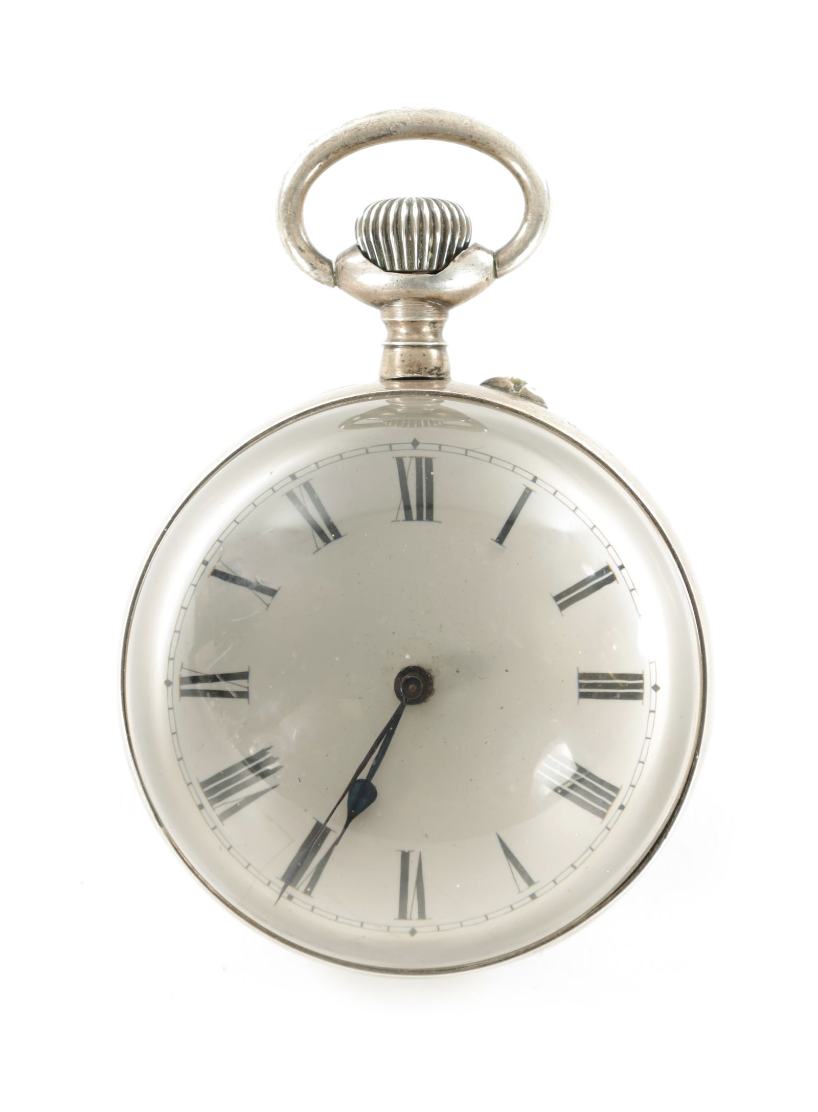 AN EARLY 20TH CENTURY SILVER GLASS BALL DESK CLOCK: AN EARLY 20TH CENTURY SILVER GLASS BALL DESK CLOCK of globular form with magnifying lens. (7cm diameter)