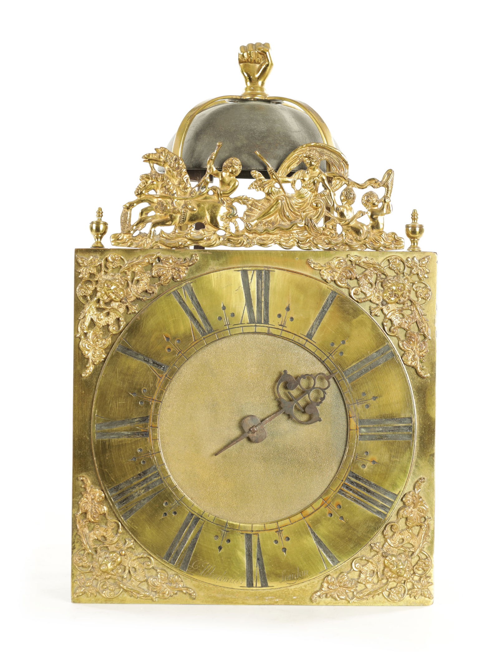 JOSEPH WINDMILLS, LONDON. AN EARLY 18TH CENTURY 30HR LANTERN CLOCK WITH 10" SQUARE BRASS DIAL: JOSEPH WINDMILLS, LONDON. AN EARLY 18TH CENTURY 30HR LANTERN CLOCK WITH 10" SQUARE BRASS DIAL with finely cast crest having mask head spandrels surrounding an engraved chapter ring with hour markers,