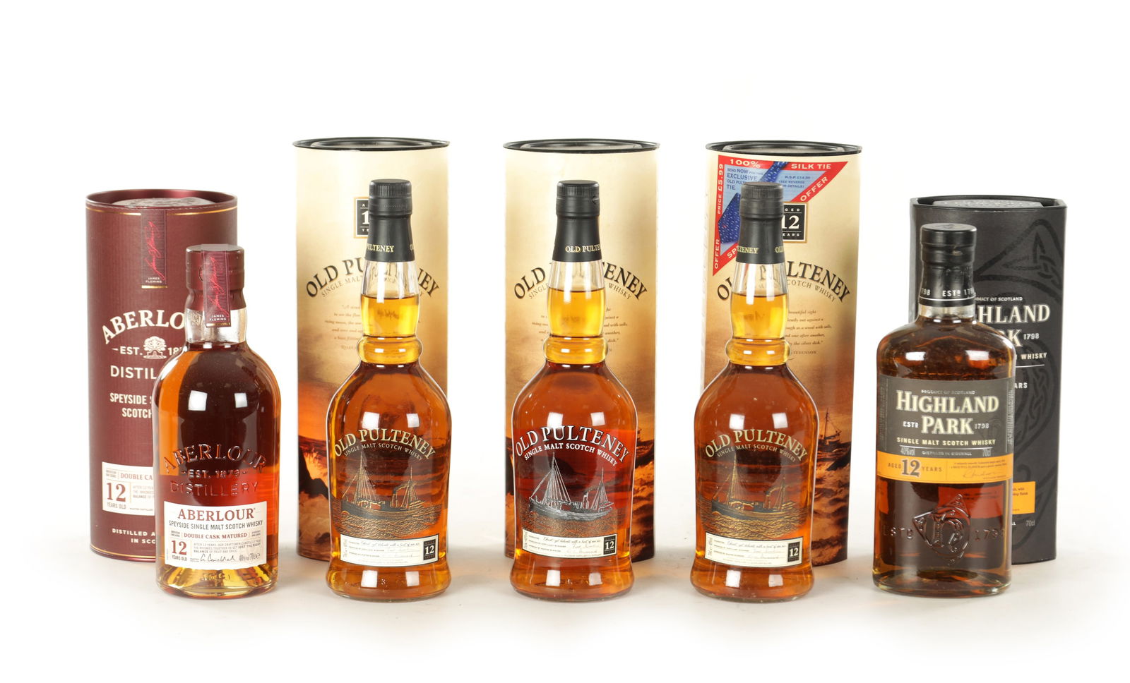 A COLLECTION OF FIVE BOTTLES OF SINGLE MALT SCOTCH WHISKY: A COLLECTION OF FIVE BOTTLES OF SINGLE MALT SCOTCH WHISKY a Highland Park 12 years, an Aberlour 12 years, and three Old Pulteney 12 years. (5)