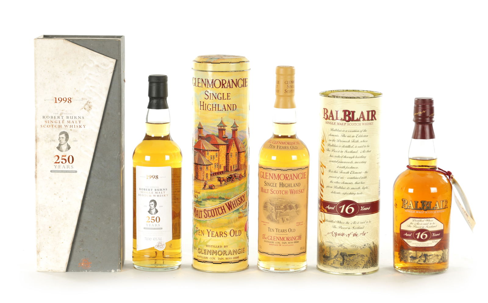 THREE BOTTLES OF SINGLE MALT SCOTCH WHISKY: THREE BOTTLES OF SINGLE MALT SCOTCH WHISKY, a 10-year Robert Burns 1998 single malt, a Glenmorangie 10-year Highland malt, and a 16-year Balblair single malt. (3)