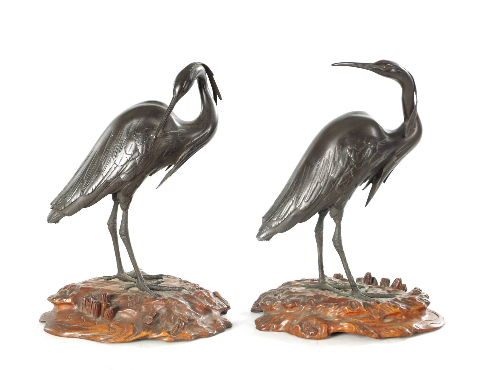 A Good Pair Of Japanese Meiji Bronze And Carved Wood Sculptures Of