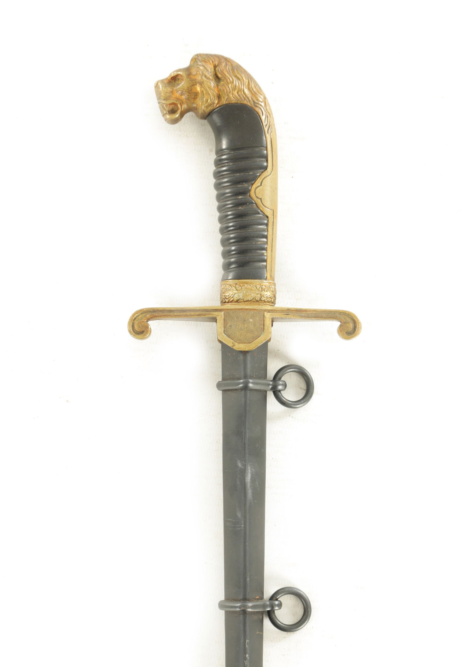 A GERMAN WWII THIRD REICH SMALL SWORD: A GERMAN WWII THIRD REICH SMALL SWORD the handle with gilt lion head pommel and celluloid grip on tri-form steel blade (64.5cm overall )