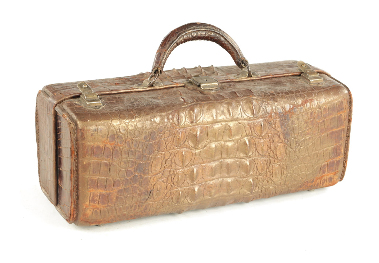 A 19TH CENTURY CROCODILE SKIN DOCTOR'S BAG: A 19TH CENTURY CROCODILE SKIN DOCTOR'S BAG with fitted interior and clasp fasteners (38cm wide )