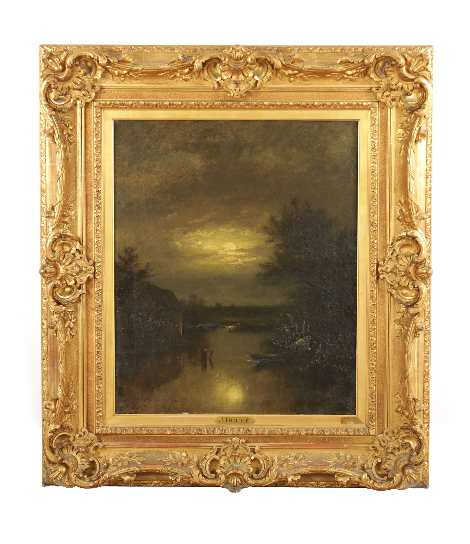 JULES DUPRE (1811-1889). A 19TH CENTURY OIL ON CANVAS: JULES DUPRE (1811-1889). A 19TH CENTURY OIL ON CANVAS moonlit river landscape - signed, in gilt swept frame (72cm high 59cm wide)