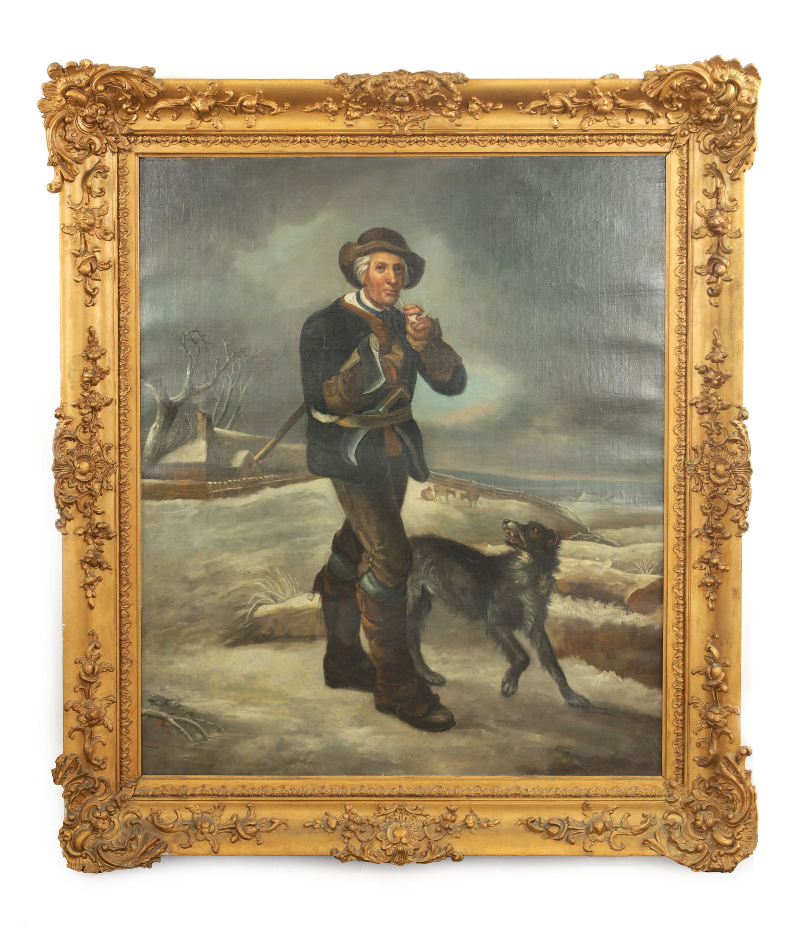 J. BARKER (BRITISH, 19TH CENTURY) 'THE WOODSMAN' AFTER THOMAS BARKER OF BATH: J. BARKER (BRITISH, 19TH CENTURY) 'THE WOODSMAN' AFTER THOMAS BARKER OF BATH depicting a pipe-smoking woodcutter with his dog in a winter landscape, signed - mounted in a gilt-swept frame