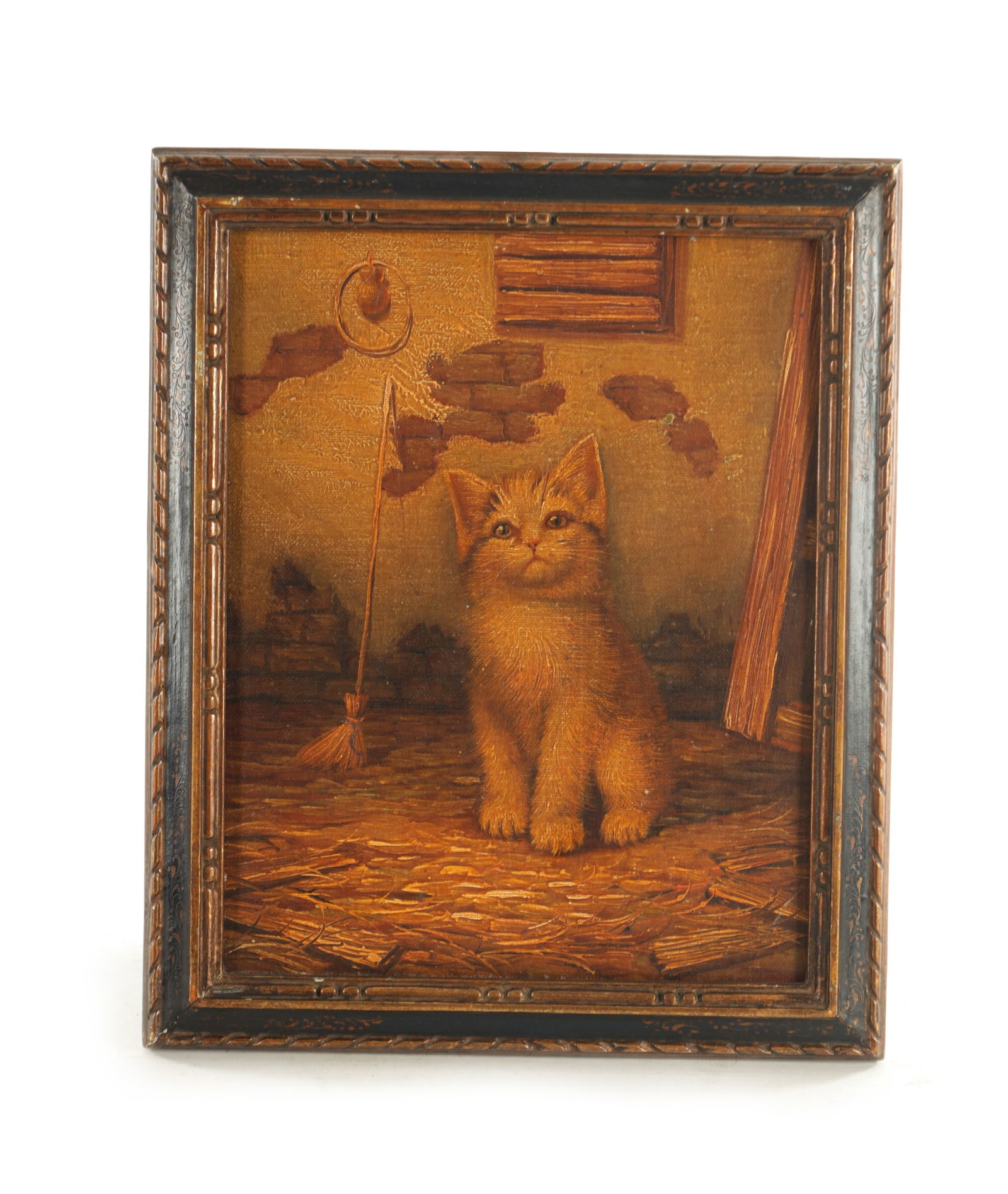 A LATE 19TH CENTURY OIL ON BOARD: A LATE 19TH CENTURY OIL ON BOARD Seated kitten in an interior barn setting. Gilt-edged black lacquered frame. (24.5 high 19cm wide)