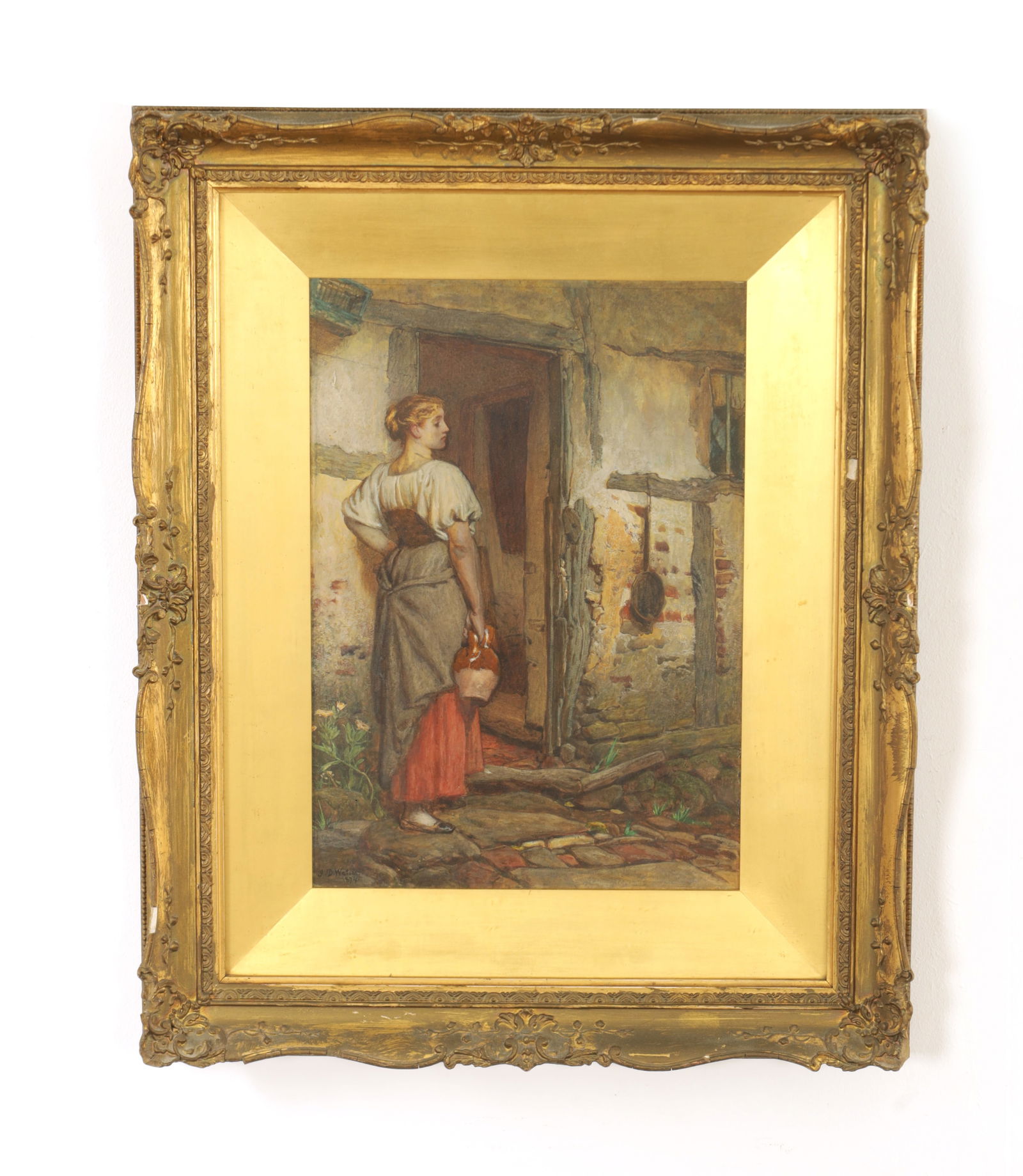 JOHN DAWSON WATSON (1832-1892 WATERCOLOUR: JOHN DAWSON WATSON (1832-1892) WATERCOLOUR, the water carrier, signed and dated 1874 - mounted in a glazed gilt swept frame. (35.5cm high, 25cm wide)