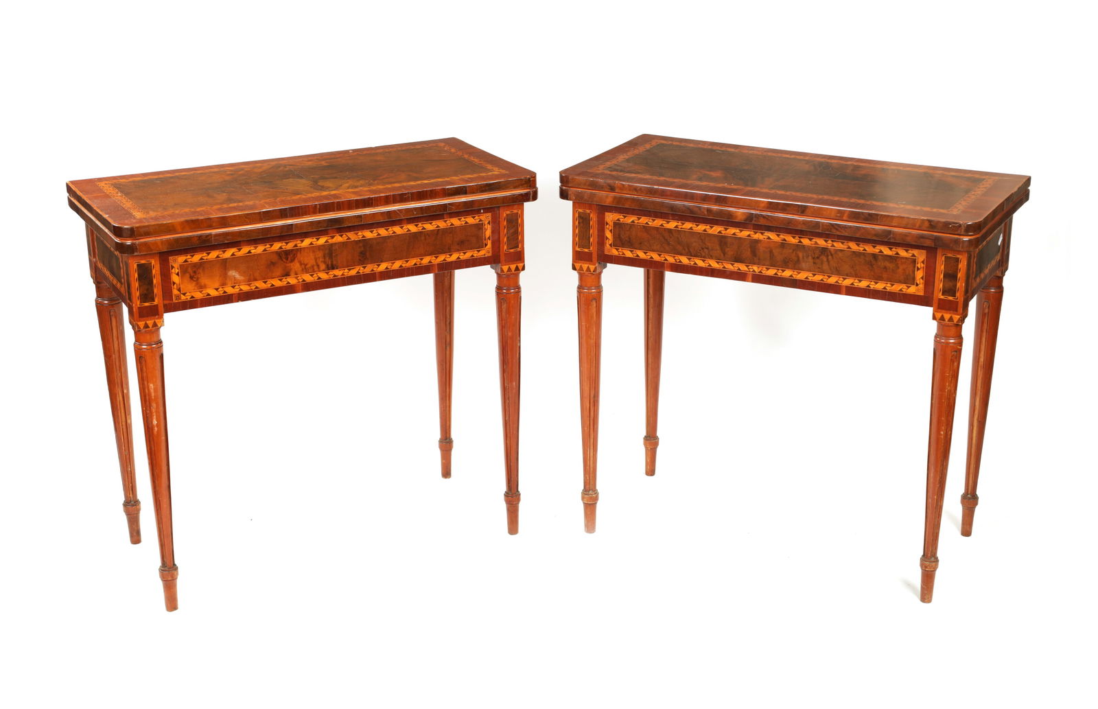 A PAIR OF 19TH CENTURY MARQUETRY INLAID WALNUT CARD TABLES (1 of 14)