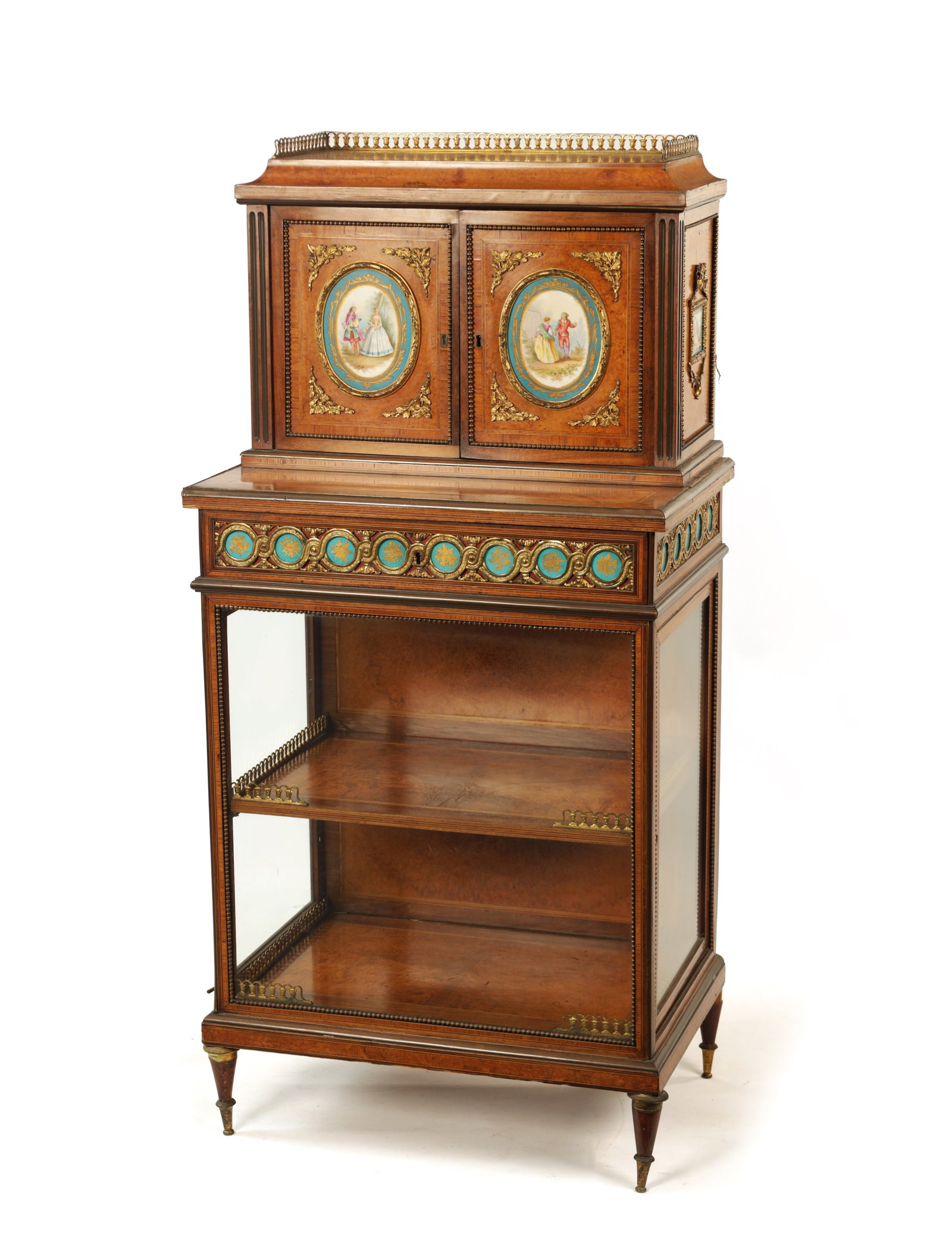 A FINE 19TH CENTURY FRENCH AMBOYNA AND TULIPWOOD CROSS-BANDED SERVES PANELLED DISPLAY CABINET (1 of 12)