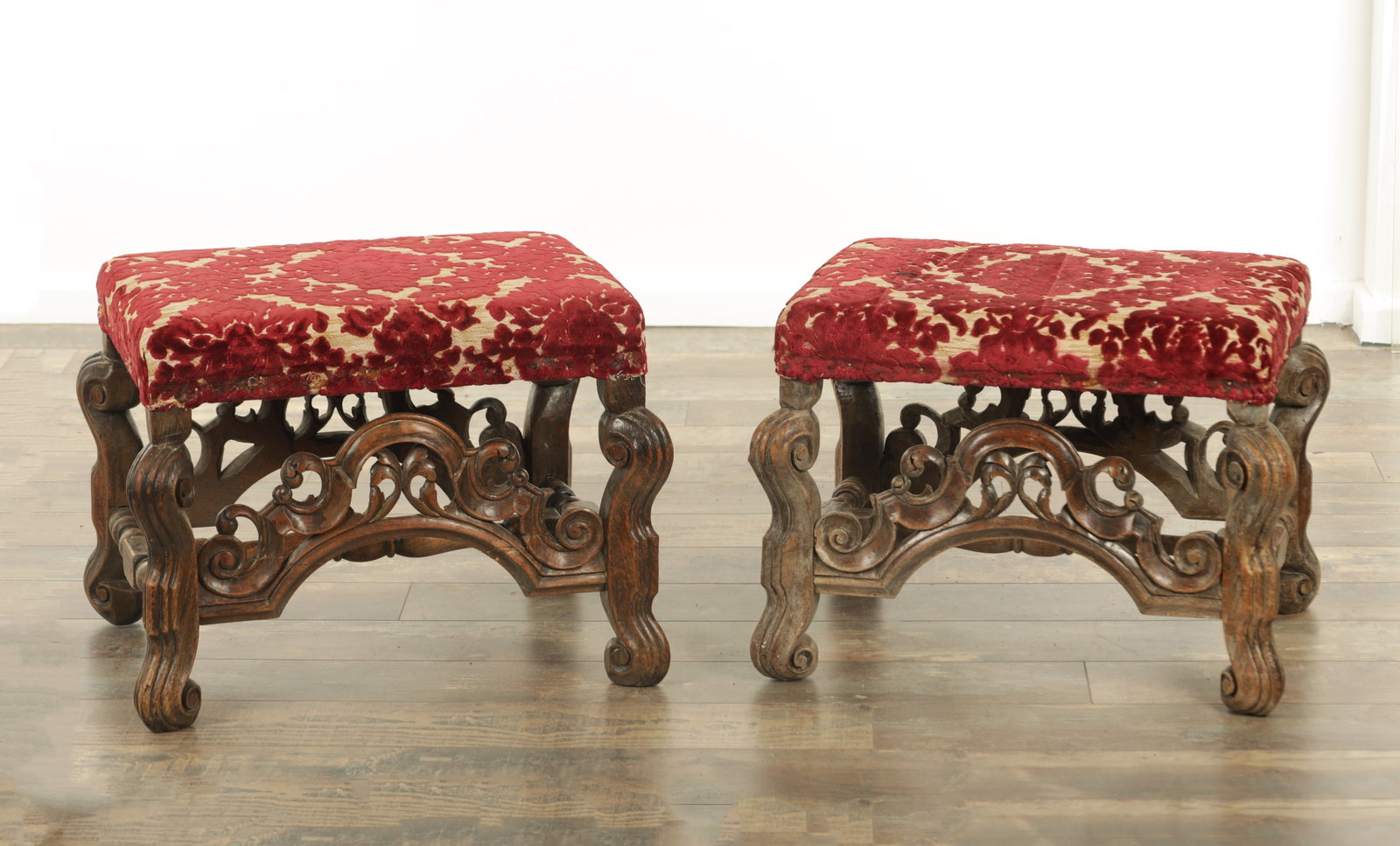 A PAIR OF 17TH CENTURY AND LATER WALNUT UPHOLSTERED STOOLS (1 of 6)