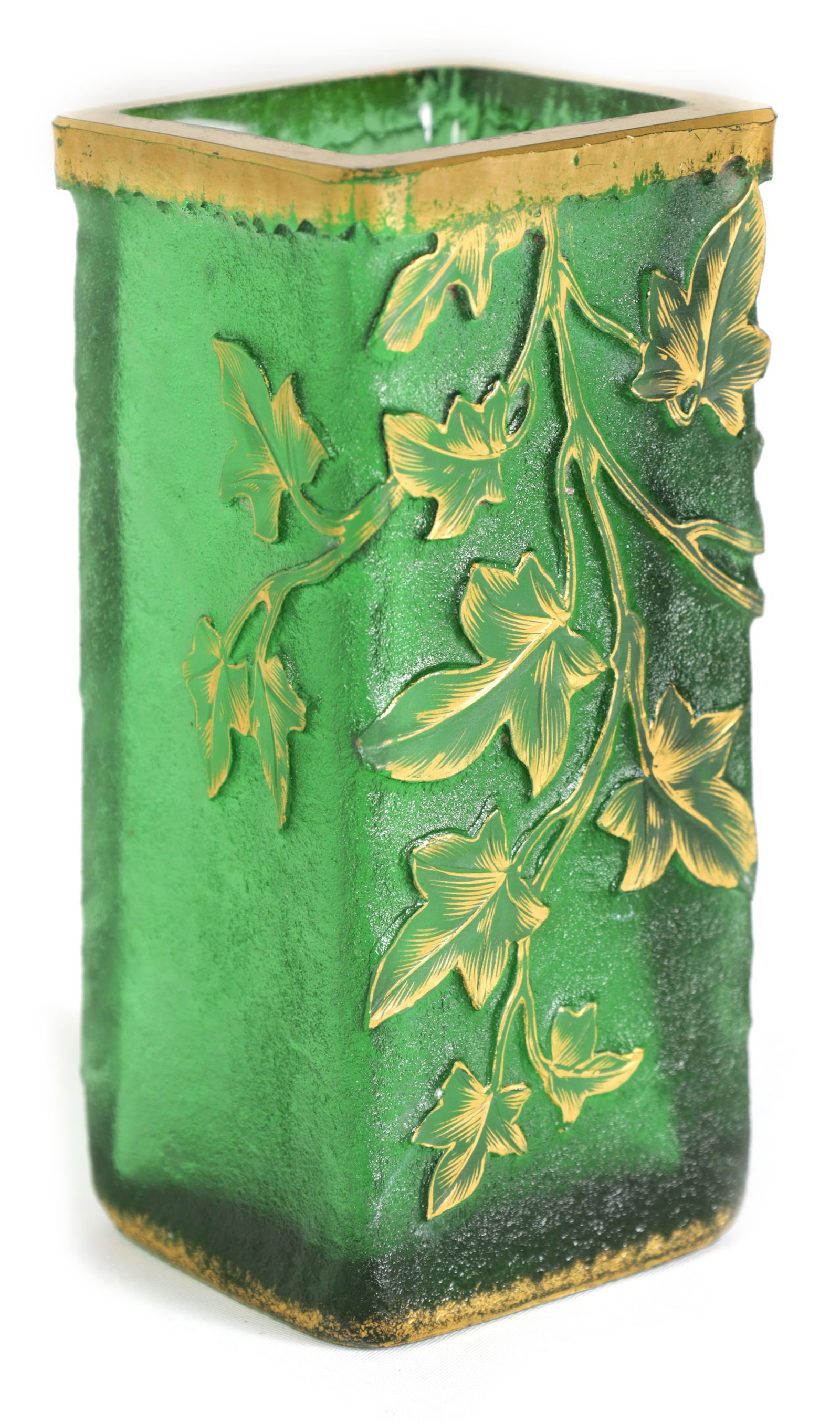 A DAUM NANCY ART NOUVEAU SQUARE SHAPED GREEN GROUND GLASS VASE (1 of 5)