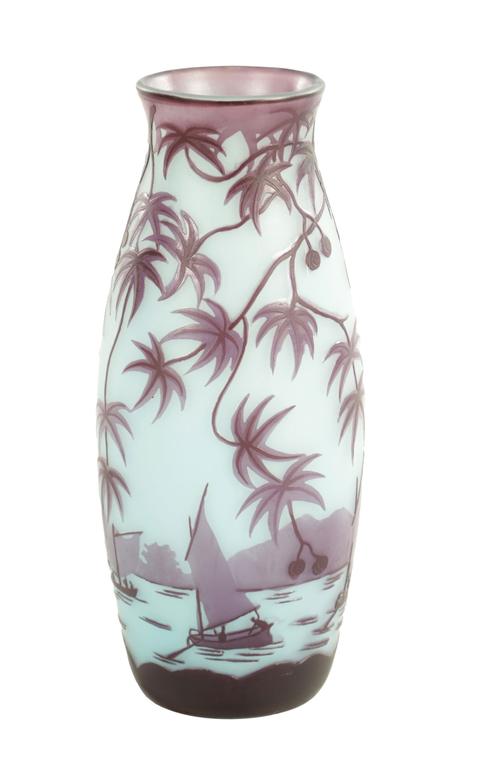 JOHANN LOETZ WITWE VELEZ CAMEO GLASS VASE: JOHANN LOETZ WITWE VELEZ CAMEO GLASS VASE of slender ovoid form decorated with sailing boats in a mountainous landscape in aubergine on a light blue ground, signed Velez. (21cm high)