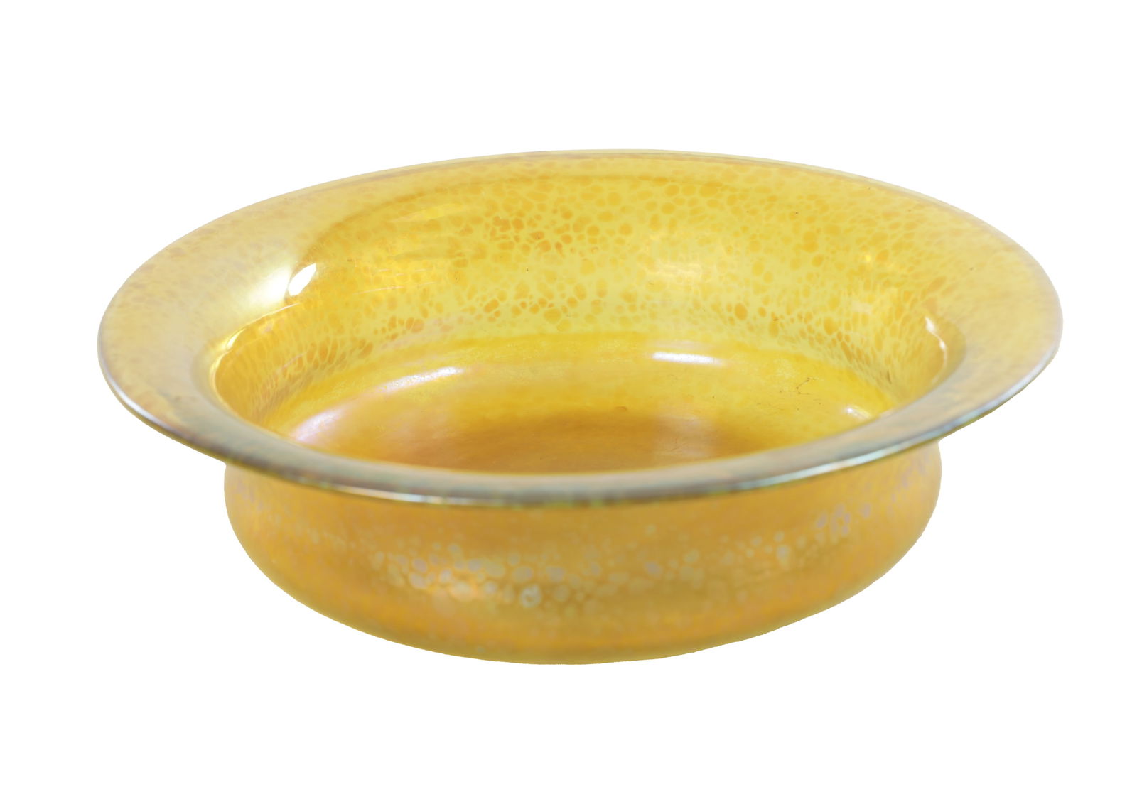 AN ART NOUVEAU LOETZ PAPILLON YELLOWISH-GREEN IRIDESCENT SHALLOW GLASS BOWL: AN ART NOUVEAU LOETZ PAPILLON YELLOWISH-GREEN IRIDESCENT SHALLOW GLASS BOWL the ogee body with inverted rim on a mottled ground (21cm diameter)