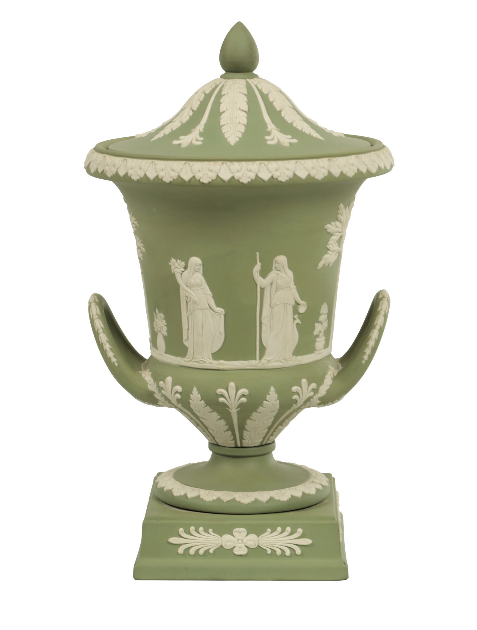A LATE 20TH CENTURY WEDGWOOD PALE GREEN JASPER WARE TWO-HANDLED PEDESTAL URN SHAPED VASE AND COVER (1 of 6)