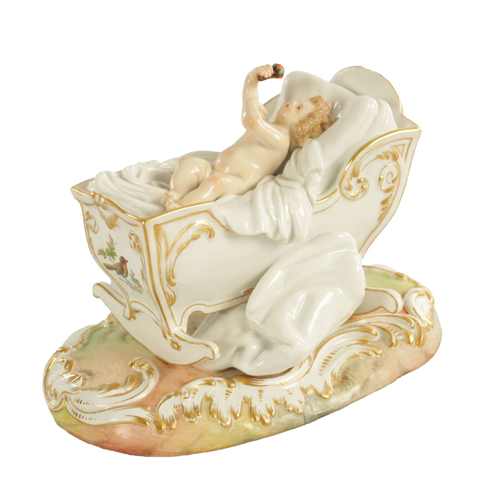 A 19TH CENTURY MEISSEN CRADLE AND CHERUB FIGURE (1 of 10)