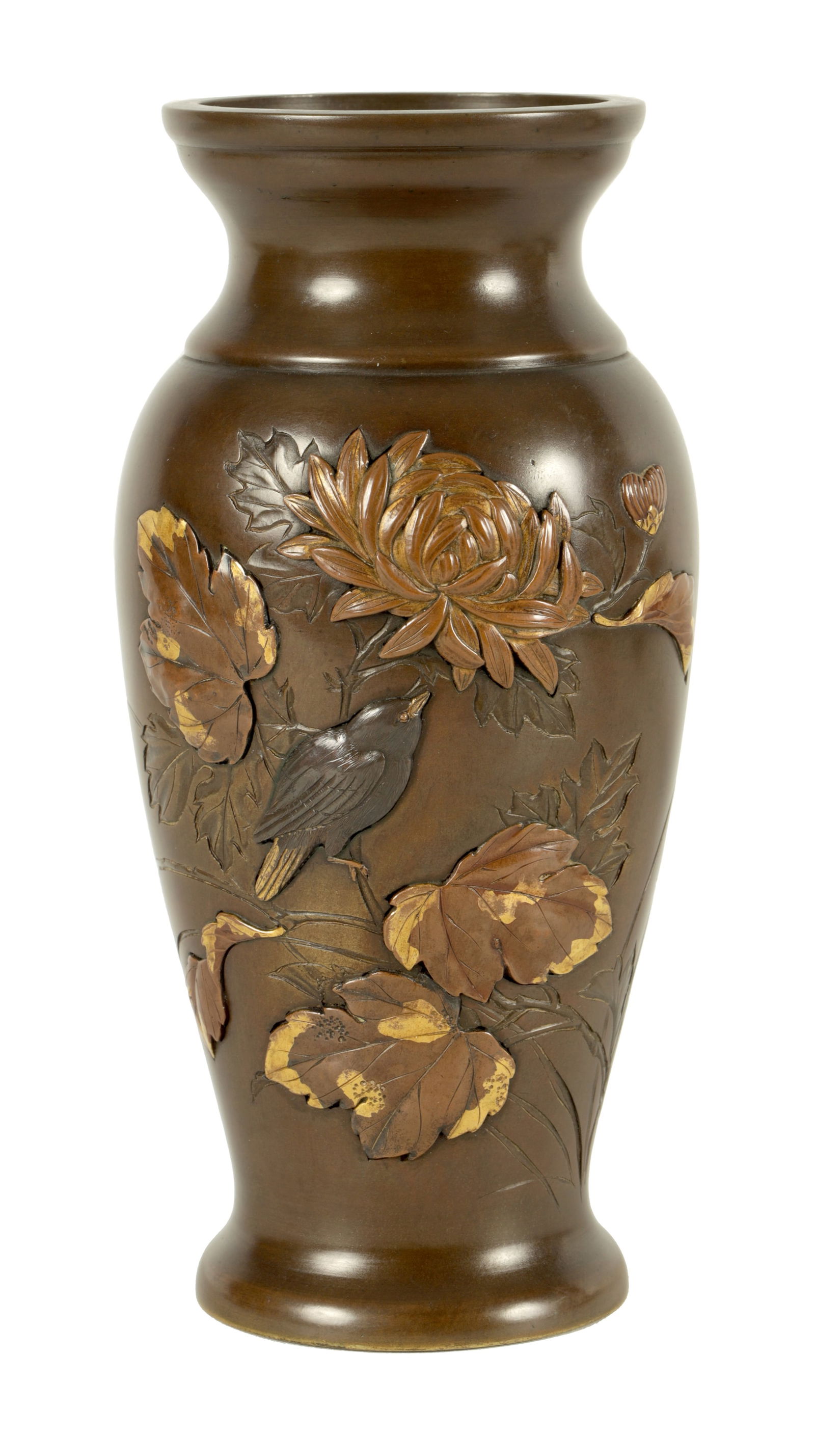 A JAPANESE MEIJI PERIOD MIXED METAL BRONZE BALUSTER VASE (1 of 8)