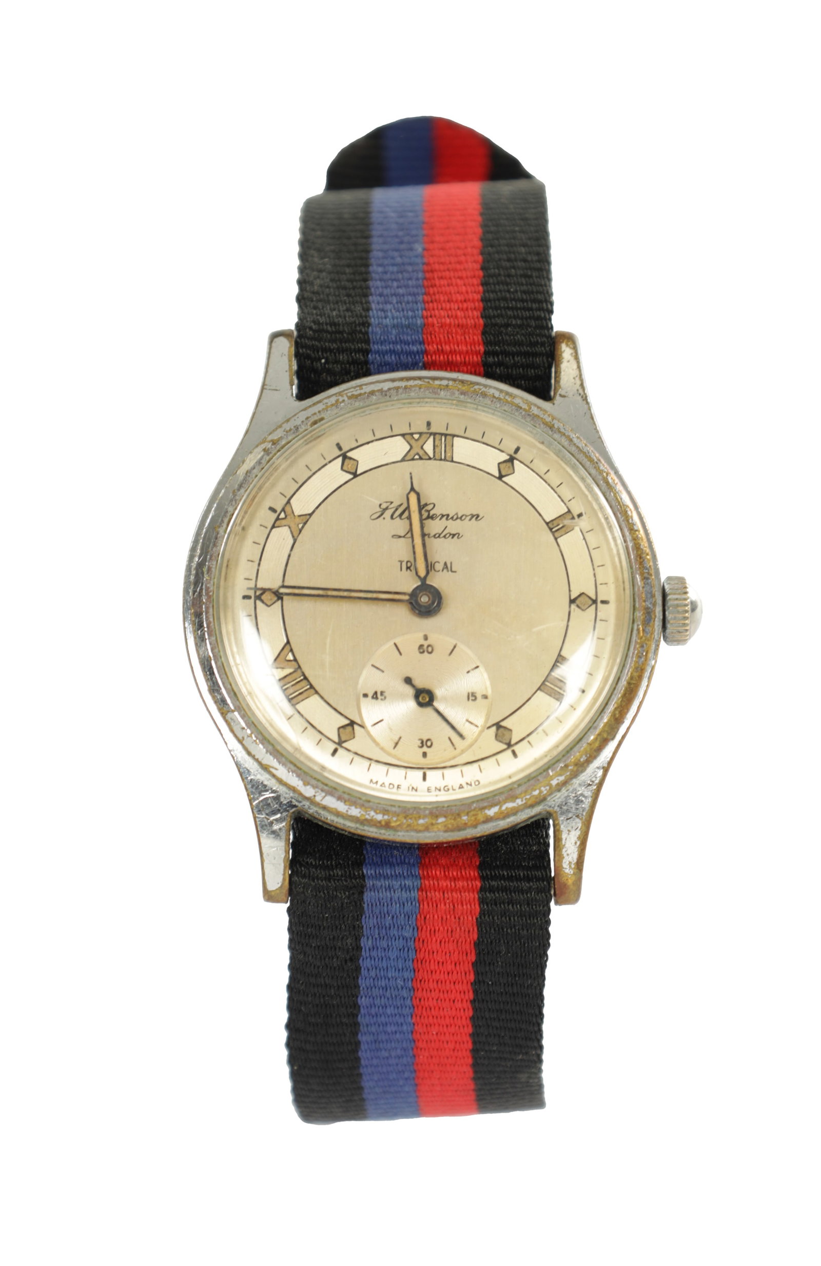 A GENTLEMAN'S 1950'S SMITH EXPEDITION "TROPICAL" RHODIUM PLATED WRIST WATCH RETAILED BY J.W. BENSON: A GENTLEMAN'S 1950'S SMITH EXPEDITION "TROPICAL" RHODIUM PLATED WRIST WATCH RETAILED BY J.W. BENSON, on Nato style strap, the screw back case enclosing a silvered two-tone dial with Roman numerals and