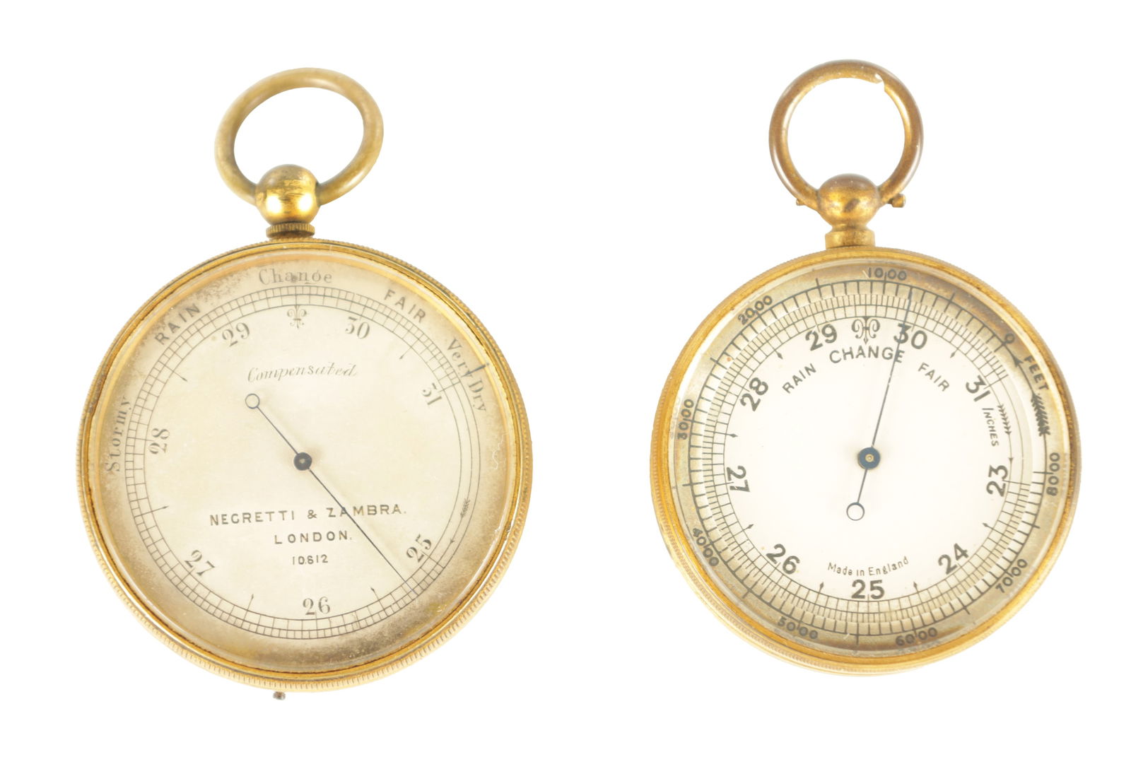 TWO GILT BRASS CASED POCKET BAROMETERS (1 of 7)
