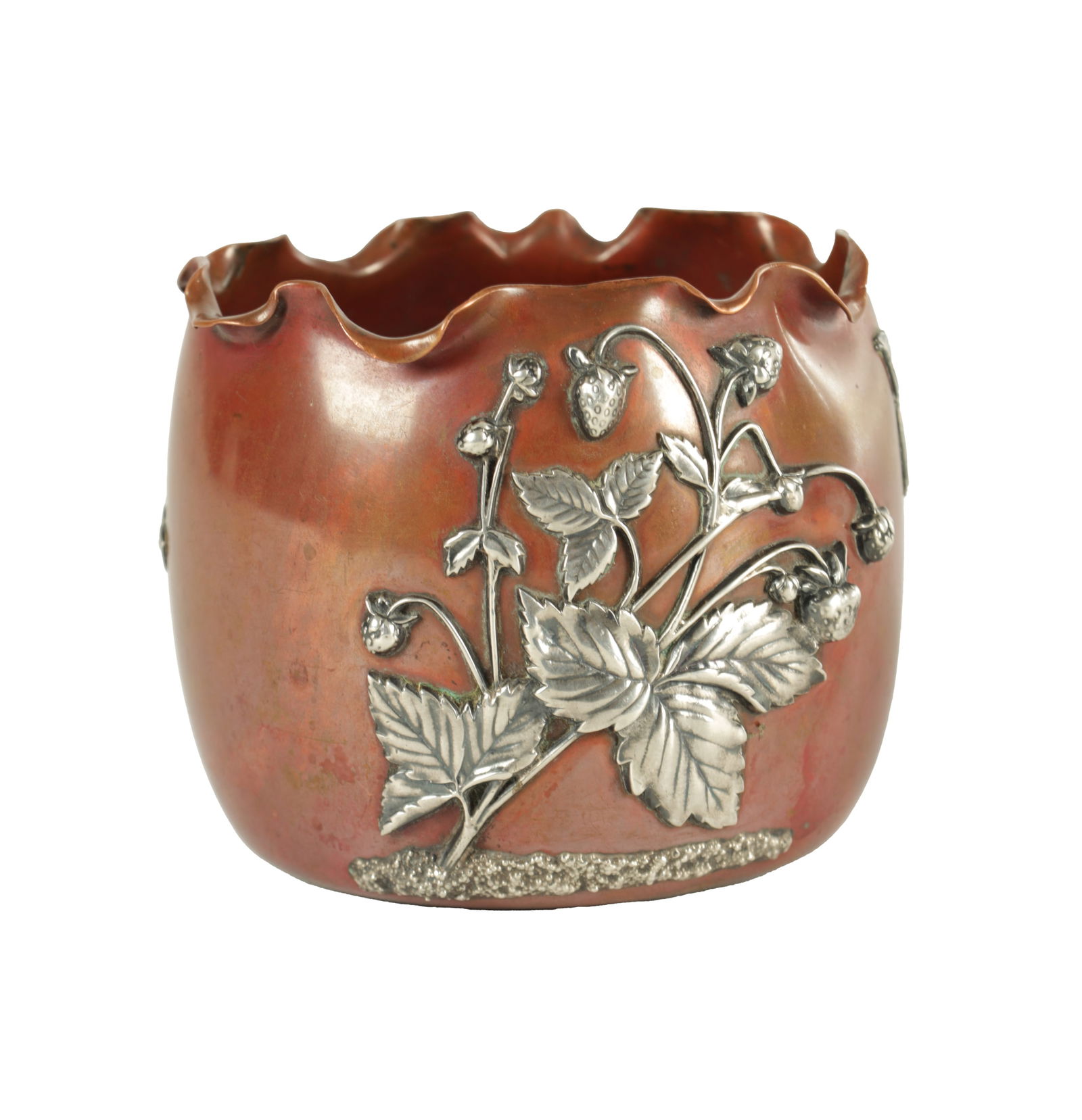 GORHAM CO. SILVER MOUNTED PATINATED COPPER JARDINIERE OF SMALL SIZE: GORHAM CO. SILVER MOUNTED PATINATED COPPER JARDINIERE OF SMALL SIZE the rounded body with crimped rim and overlayed silver fruiting strawberry plant decoration with butterflies - stamped beneath with