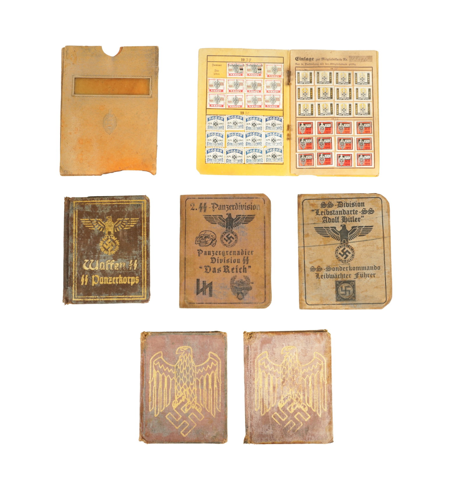 A COLLECTION OF FIVE WW2 GERMAN IDENTIFICATION DOCUMENTS: A COLLECTION OF FIVE WW2 GERMAN IDENTIFICATION DOCUMENTS comprising, ID cards, Passports and a membership booklet for various divisions and ranks.